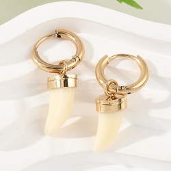 304 Stainless Steel Plastic Imitation Shell Hoop Earrings, Ion Plating(IP), Horn, Golden, 26.5x8mm(EJEW-Z089-29G)