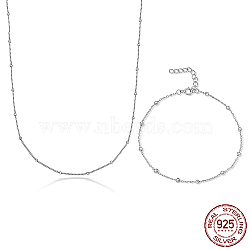 Rhodium Plated 925 Sterling Silver Jewelry Set, Satellite Chain Necklaces & Bracelet, Platinum, 15.75 inch(40cm), 6.69 inch(17cm)(LC2578-5)