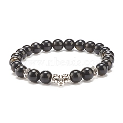 Natural Golden Sheen Obsidian Stretch Bracelet with Alloy Beads, Gemstone Jewelry for Women, Inner Diameter: 2-1/4 inch(5.7cm)(BJEW-JB08017-02)