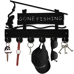 Black Wood & Iron Wall Mounted Hook Hangers, Decorative Organizer Rack, with 2Pcs Screws & 1Pc Screwdriver, 6 Hooks for Bag Clothes Key Scarf Hanging Holder, Fish, 300x200x7mm, Hole: 5mm(DIY-WH0601-002)