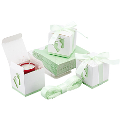 Paper Gift Box, with Ribbon, Folding Boxes with Foot Print Pattern, Wedding Decoration, Square, Pale Green, 6.1x6.1x6.1cm(CON-WH0080-53B)