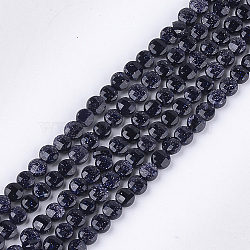 Synthetic Blue Goldstone Beads Strands, Faceted, Flat Round, 4~4.5x2.5~3mm, Hole: 0.8mm; about 88~89pcs/strand, 14.9''~15.1''(G-S354-39)