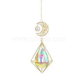 Glass Suncatchers, Golden Wire Wrap Moon & Diamond Hanging Ornaments Home Garden Decoration, Teardrop, 440mm(PW-WG18436-02)