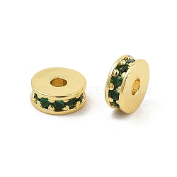 Rack Plating Brass Micro Pave Cubic Zirconia Beads, Long-Lasting Plated, Lead Free & Cadmium Free, Flat Round/Disc, Real 18K Gold Plated, Green, 6x2.3mm, Hole: 1.6mm(KK-F879-15G-07)