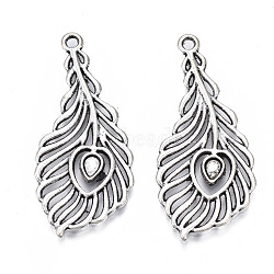 Tibetan Style Alloy Pendants, Cadmium Free & Lead Free, Feather, Antique Silver, 39x18x1.5mm, Hole: 1.8mm, about 560pcs/1000g(TIBEP-N008-123)