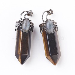 Natural Tiger Eye Big Pendants, Pointed Pendant, with Brass Findings and Oval Natural Labradorite Cabochons, Faceted, Bullet, Antique Silver, 60~62x20x23~24mm, Hole: 5.5x7mm(G-F639-05F)
