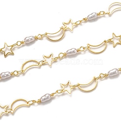 Handmade Brass Link Chains, with Acrylic Imitation Pearl and Spool, Long-Lasting Plated, Soldered, Moon & Star, Golden, Star: 7.7x8x0.8mm, Moon: 10x6.2x0.9mm, acrylic pearl: 14.3x3.5mm(CHC-L039-20G)