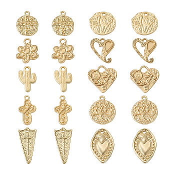 20Pcs 10 Style Alloy Pendants, Matte Style, Mixed Shapes, Real 14K Gold Plated, Mixed Color, 18~29.5x12~20x2mm, Hole: 4x1.5~3mm, 2pcs/style