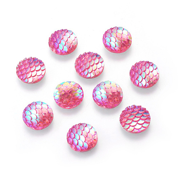 Resin Cabochons, Flat Round with Mermaid Fish Scale, Magenta, 12x3mm