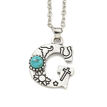 Letter A~Z Antique Silver Plated Alloy with Synthetic Turquoise Pendant Necklace, with Iron Cable Chains, Letter G, 18.70 inch(475mm), Letter G: 25x21mm