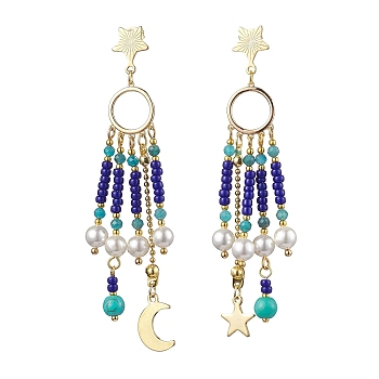 Glass Seed Beads & Shell Pearl Chandelier Earrings, Moon & Star Stainless Steel Tassel Earrings for Women, Golden, 83~88x13mm