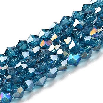 Transparent Electroplate Glass Beads Strands, AB Color Plated, Faceted, Bicone, Steel Blue, 6x6mm, Hole: 1mm, about 45~47pcs/strand, 9.65~9.84 inch(24.5~25cm)