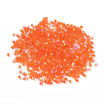 11/0 Two Cut Round Hole Glass Seed Beads, Hexagon, Transparent Colours Rainbow Plated, Orange, 2~2.5x2mm, Hole: 0.8mm, about 12857pcs/pound