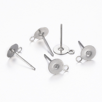 304 Stainless Steel Stud Earring Findings, with Loop, Earring Post, Stainless Steel Color, 8.5x6mm, Hole: 1.2mm, Pin: 0.8mm