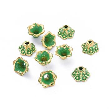 6-Petal Alloy Bead Caps, Flower, Golden & Patina, Golden & Green Patina, 9x5mm, Hole: 1.6mm