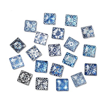 Glass Cabochons, Square with Flower Pattern, Mixed Color, 15x15x5mm, 20pcs/bag. 