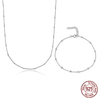 Rhodium Plated 925 Sterling Silver Jewelry Set, Satellite Chain Necklaces & Bracelet, Platinum, 15.75 inch(40cm), 6.69 inch(17cm)