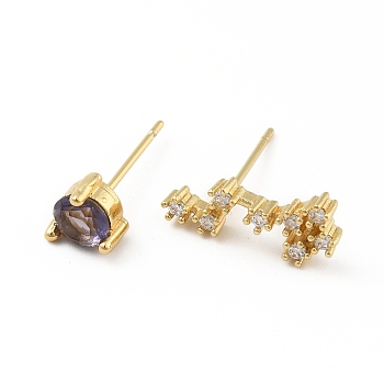 Cubic Zirconia Constellation Asymmetrical Earrings, Real 18K Gold Plated Brass Stud Earrings, Cadmium Free & Lead Free, Aquarius, 7.5x15mm, 6x6mm, Pin: 0.7mm
