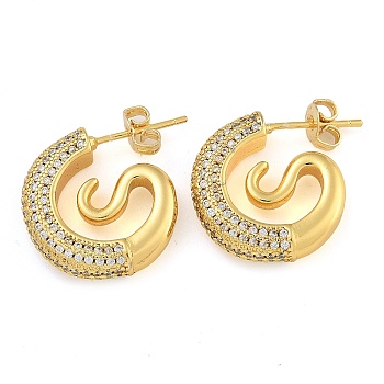 Brass Micro Pave Clear Cubic Zirconia Stud Earrings, Tail, Real 18K Gold Plated, 18.5x4.5mm