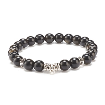 Natural Golden Sheen Obsidian Stretch Bracelet with Alloy Beads, Gemstone Jewelry for Women, Inner Diameter: 2-1/4 inch(5.7cm)