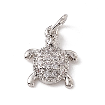 Brass Micro Pave Cubic Zirconia Charms, with Jump Ring, Tortoise Charm, Platinum, 12.5x9.5x2mm, Hole: 3mm