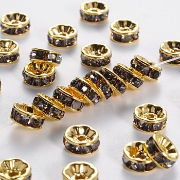 Brass Grade A Rhinestone Spacer Beads, Golden Plated, Rondelle, Nickel Free, Black Diamond, 6x3mm, Hole: 1mm