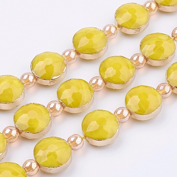 Opaque Glass Beads Strands, with Brass Findings, Faceted, Flat Round, Golden, Gold, 14x9mm, Hole: 1mm, about 10pcs/strand, 7.4 inch (19cm)