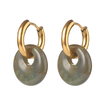 Handmade Natural Indian Agate Dangle Hoop Earrings, with 304 Stainless Steel Huggie Hoop, Oval, 27.5mm, Pin: 1mm