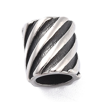 304 Stainless Steel Tube Beads, Grooved, Column with Stripe, Antique Silver, 10x9mm, Hole: 6mm