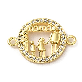 Brass Micro Pave Clear Cubic Zirconia Mama Connector Charms, Mother's Day Word Links, Real 16K Gold Plated, Flat Round, 14x20x2mm, Hole: 1.4mm