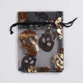 Organza Gift Bags with Drawstring, for Party Halloween Candy Jewelry Bags & Pouches, Rectangle, Skull Pattern, 11.5x8.5cm