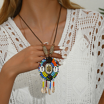 Bohemian Seashell Hemp Rope Necklace with Tassel Pendant for Women, Colorful
