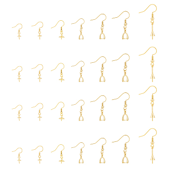 28Pcs 7 Style Rack Plating Brass Earring Hooks, Long-Lasting Plated, Golden, 21~30mm, Pin: 0.5~0.7mm and 0.6~1mm, 4pcs/style