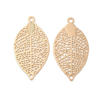 Long-Lasting Plated Brass Connector Charms, Hollow Leaf Links, Light Gold, 28x15x0.3mm, Hole: 1.2mm
