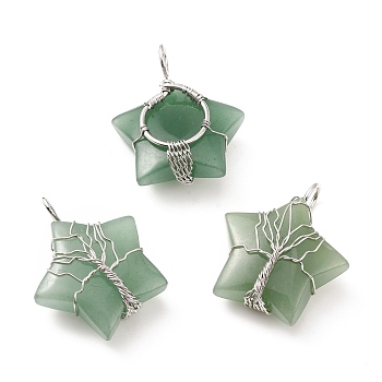 Natural Green Aventurine Pendants, with Platinum Tone Copper Wire Wrapped, Cadmium Free & Lead Free, Star, 34~37.5x29~31x10~12mm, Hole: 5~6mm