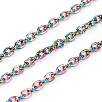 Ion Plating(IP) 304 Stainless Steel Cable Chains, Soldered, with Spool, Flat Oval, Rainbow Color, 2x2x1mm, about 32.8 Feet(10m)/roll