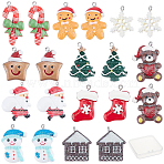 20Pcs 10 Style Opaque Resin Pendants, with Platinum Tone Iron Peg Bails, for Christmas, Snowflake & Christmas Tree & Cane & Father Christmas & Snowman & Star & Socks & Bear with Heart & House & Gingerbread Man, Mixed Color, 24x17.5x5.5mm, Hole: 1.5mm(RESI-SC0001-77P)