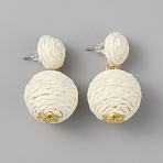 Raffia Grass Round Ball Dangle Stud Earrings, Alloy Jewelry for Women, Floral White, 40~41mm, Pin: 0.6mm(EJEW-WH0009-71A)