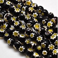 Round Millefiori Glass Beads Strands, Black, 7.6~8mm, Hole: 1mm, about 48pcs/strand, 14.9 inch(X-LK-P002-08)
