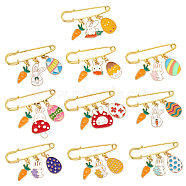 CHGCRAFT 10Pcs 10 Style Easter Egg & Rabbit & Carrot Alloy Enamel Charms Safety Pin Brooch, Gold Plated Iron Lapel Pins for Women, Mixed Color, 30~49mm, 1Pc/style(JEWB-CA0001-22)
