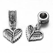 Tibetan Style Alloy European Dangle Charms, Heart with Wing, Antique Silver, 23x13x7mm, Hole: 5mm(PALLOY-N0116-005AS)