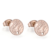 Ion Plating(IP) 304 Stainless Steel Stud Earring Findings, with Ear Nuts/Earring Backs & Loop, Textured, Flat Round, Rose Gold, 10x1mm, Hole: 1.4mm, Pin: 0.7mm(X-STAS-M228-T01-03RG)