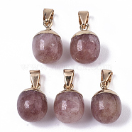 Top Golden Plated Natural Strawberry Quartz Pendants, with Iron Snap on Bails & Loop, Barrel, 17~19x11.5~12.5mm, Hole: 4x6mm(G-T131-03I)