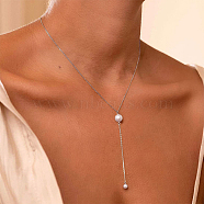 Stainless Steel Cable Chains Lariat Necklace, with Plastic Pearl Beaded, Silver, 16.54 inch(42cm)(PE9205-2)