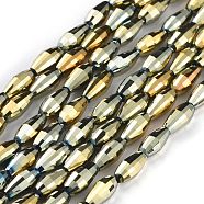 Electroplated Glass Beads Strands, Half Plated, Rice Shape, Gold, 8.5x4mm, Hole: 1mm, about 72pcs/Strand, 24.57''(62.4cm)(EGLA-H100-FP02)