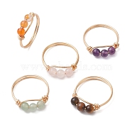 Copper Wire Wrapped Natural Gemstone Round Beaded Finger Rings for Women, 5mm, Inner Diameter: 18mm(RJEW-JR00736)