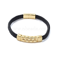 Men's Braided Black PU Leather Cord Bracelets, Grooved Rectangle 304 Stainless Steel Link Bracelets with Magnetic Clasps, Golden, 8-1/2x3/8 inch(21.6x1.05cm)(BJEW-K243-68G)