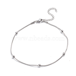 304 Stainless Steel Round Snake Chain Anklets, with Round Beads and Lobster Claw Clasps, Stainless Steel Color, 9-1/2 inch(24cm)(AJEW-G024-13P)