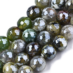 Natural Agate Beads Strands, Pearl Luster Plated, Faceted, Round, Yellow Green, 9~10mm, Hole: 1mm, about 37pcs/strand, 14.17 inch~14.57 inch(36~37cm)(G-N326-76G)