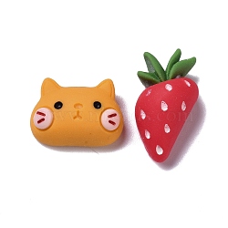 Opaque Resin Cabochons, for DIY Decoration, Cat & Strawberry, Mixed Color, Cat: 13x17.5x7mm, Strawberry: 23x12x9.5mm(RESI-K012-02)